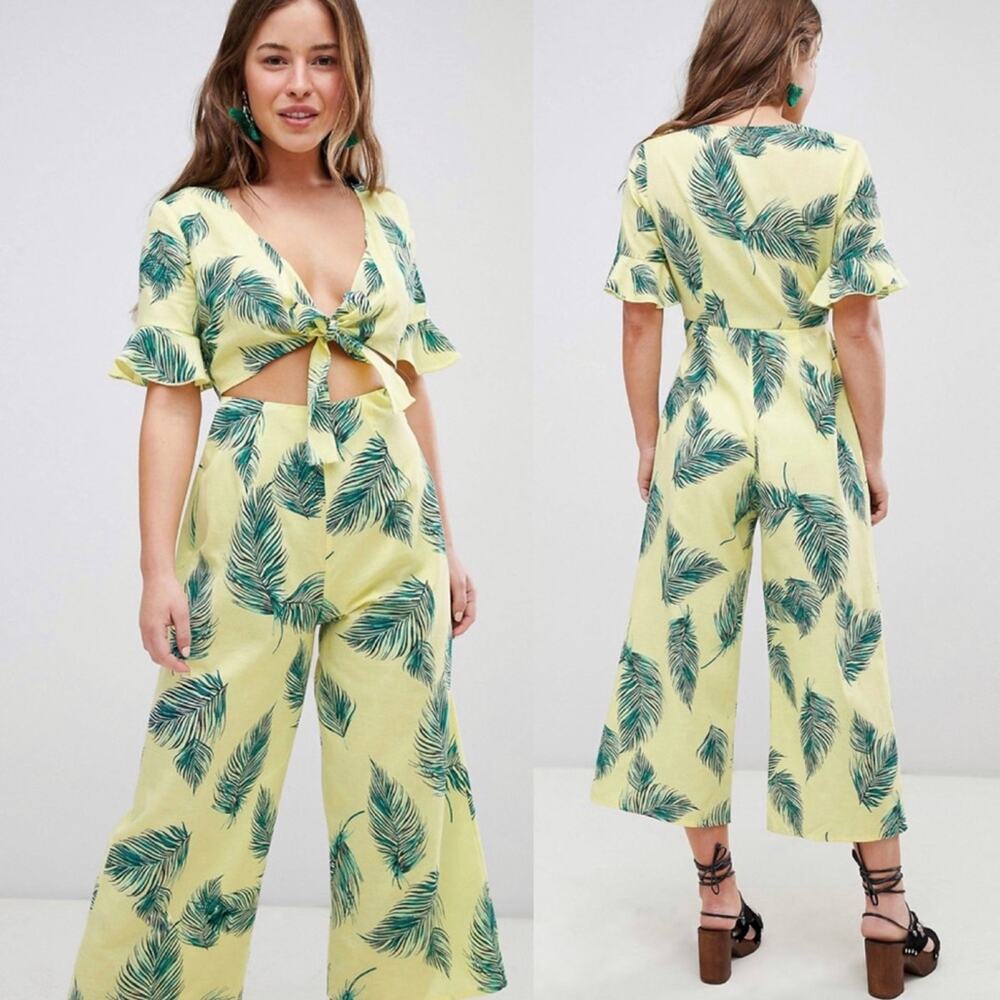 ASOS Tea Linen/Cotton Jumpsuit With Cut Out And Tie Detail in Leaf Print